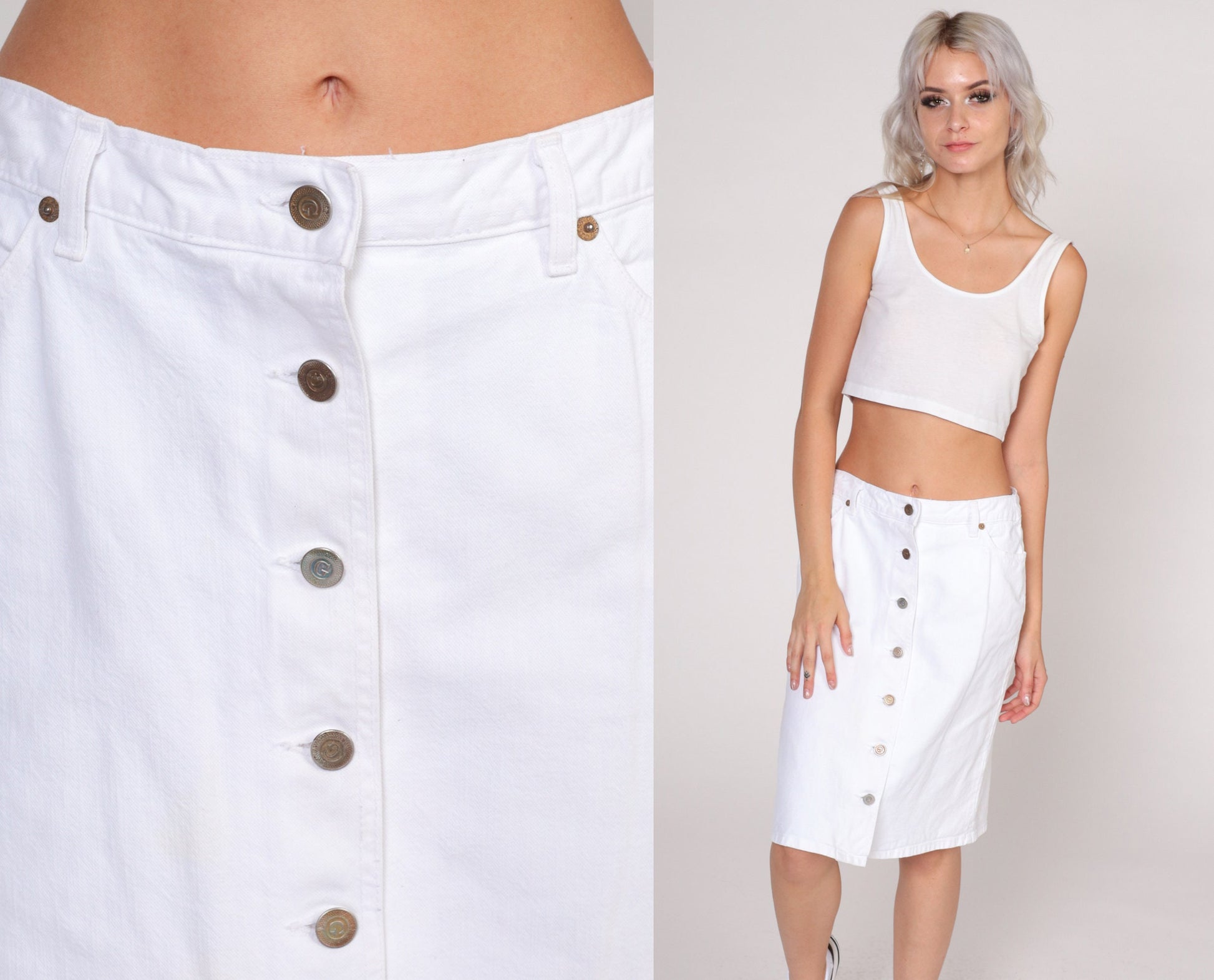 90s Guess White Denim Mini Skirt High Waisted Button Front Small 28