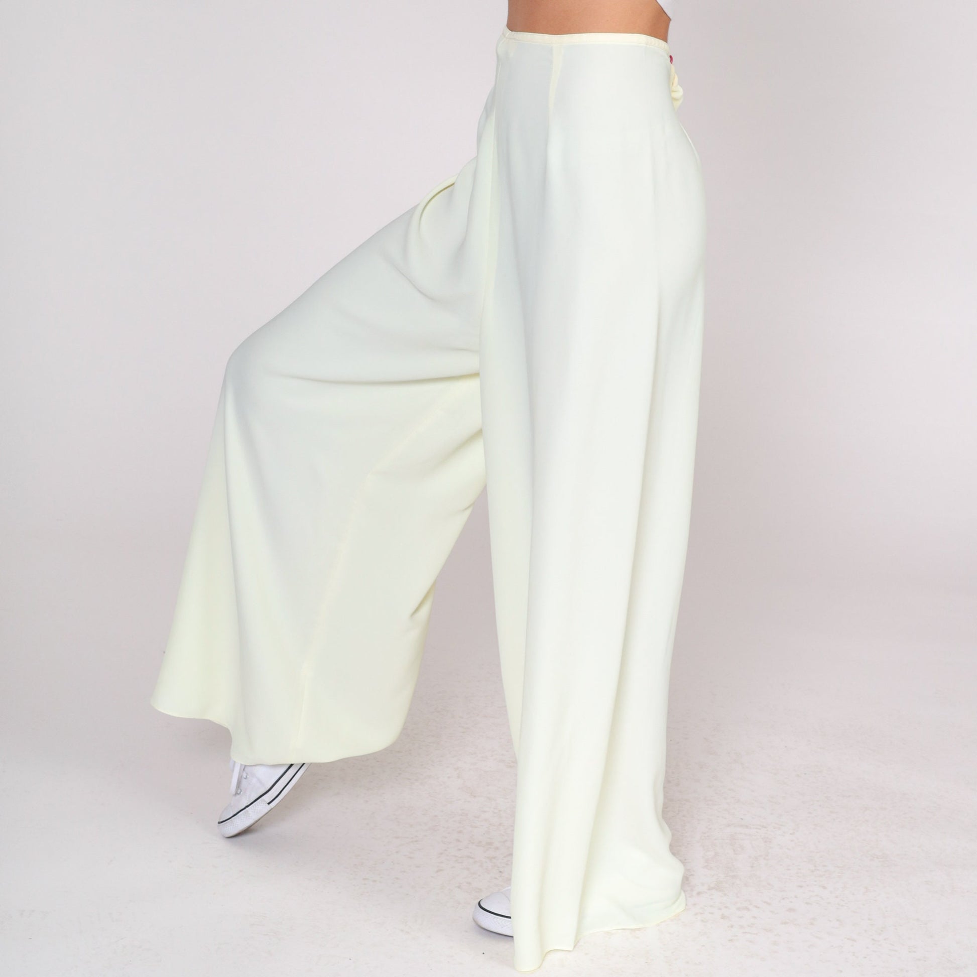 70s Pale Yellow Wide Leg Palazzo Pants High Waist Bell Bottom Medium