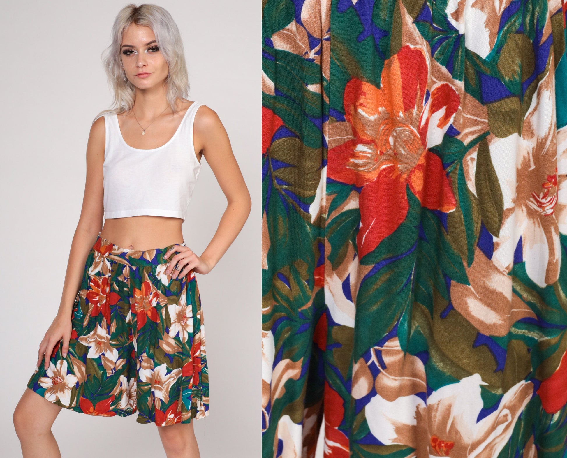 90s Tropical Floral Hibiscus Pleated High-Waist Shorts Rayon Medium M