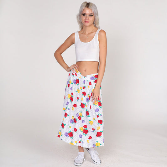 90s Polka Dot Floral Midi Skirt White Black Rose Print Elastic Waist Large