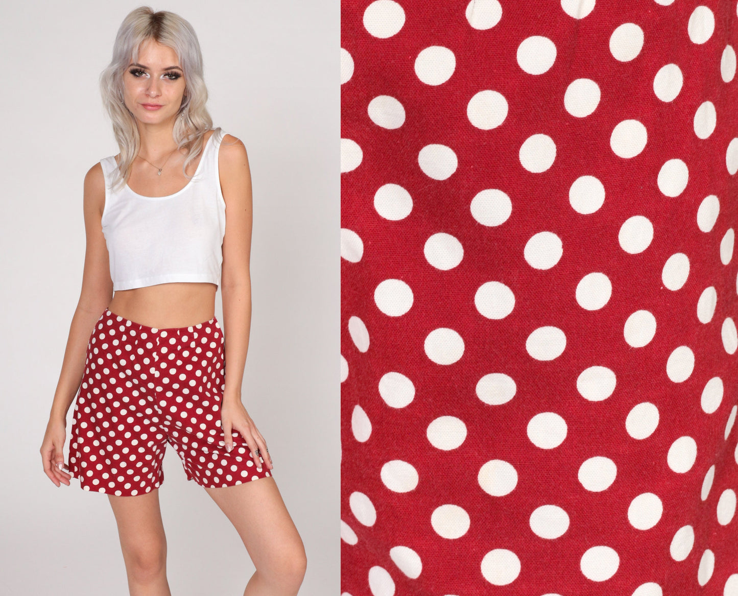 70s Red Polka Dot High-Waist Shorts White Cotton Knee-Length Extra Small