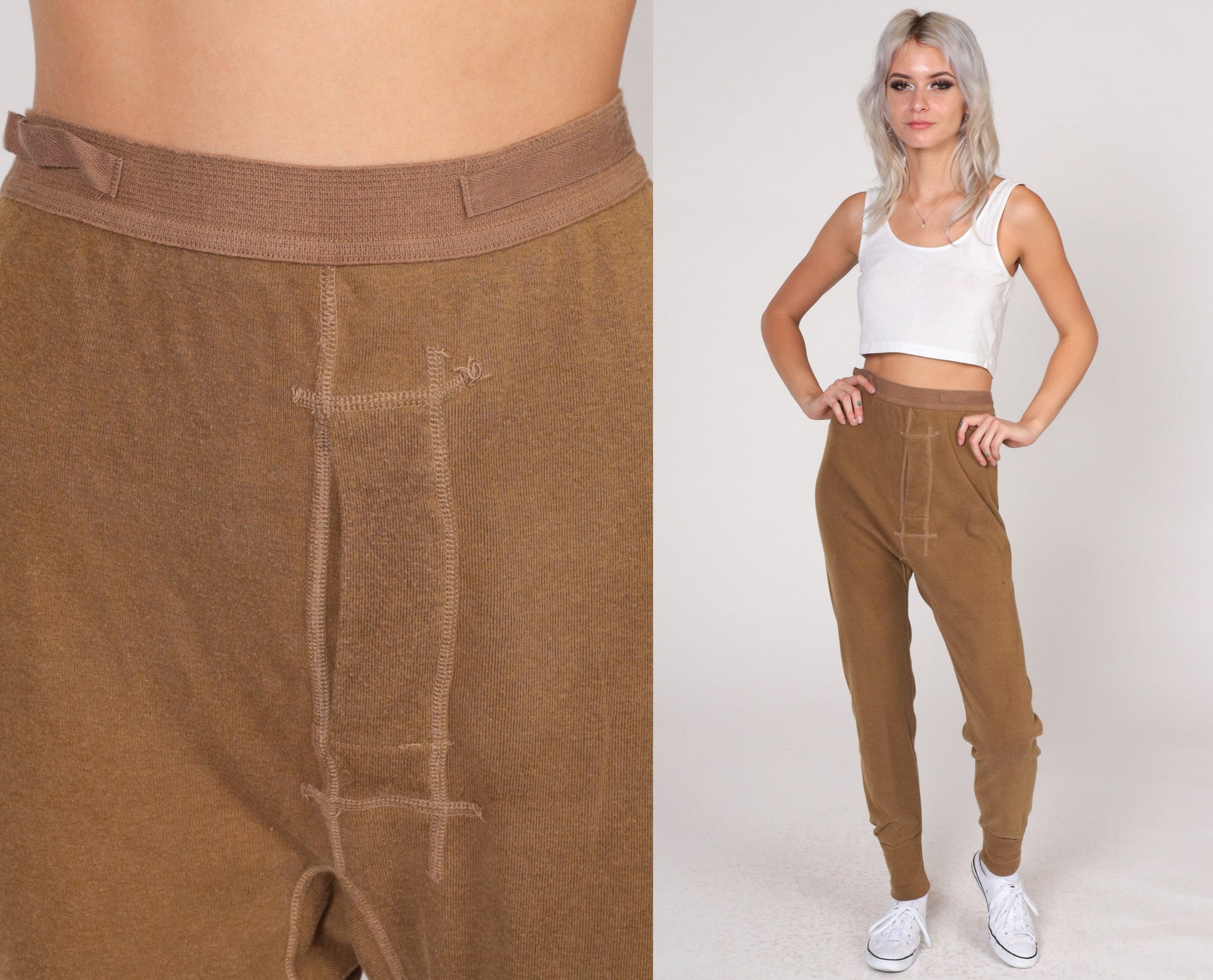 80s Brown Wool Blend Thermal Long Johns Open Fly Men's Medium