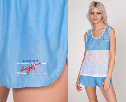80s Miracle Whip Light Nylon Tank Top & Shorts Set Blue Mesh Small