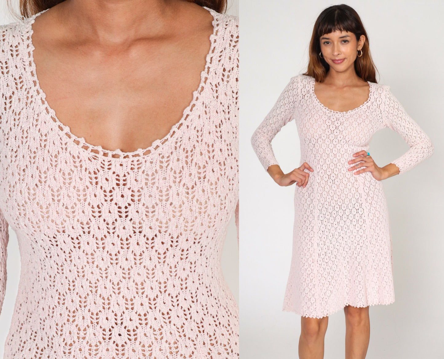 70s Pink Crochet Knee-Length Dress Long Sleeve Scoop Neck Small