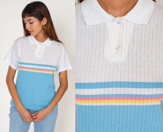 80s Striped Polo Shirt White Blue Pink Yellow Color Block Small