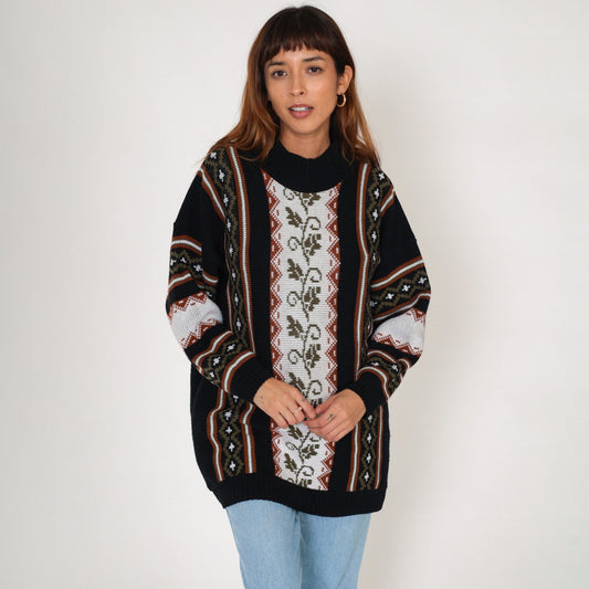 80s Clifton Place Knit Sweater Vine Striped Pullover Black Extra Large