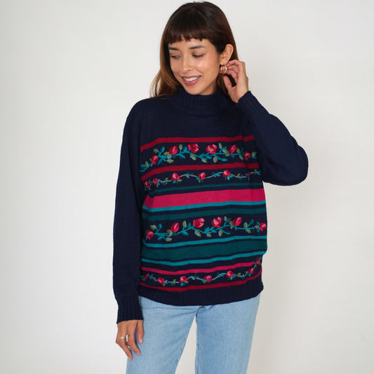 80s Alfred Dunner Navy Floral Embroidered Mockneck Sweater Wool Blend Large L