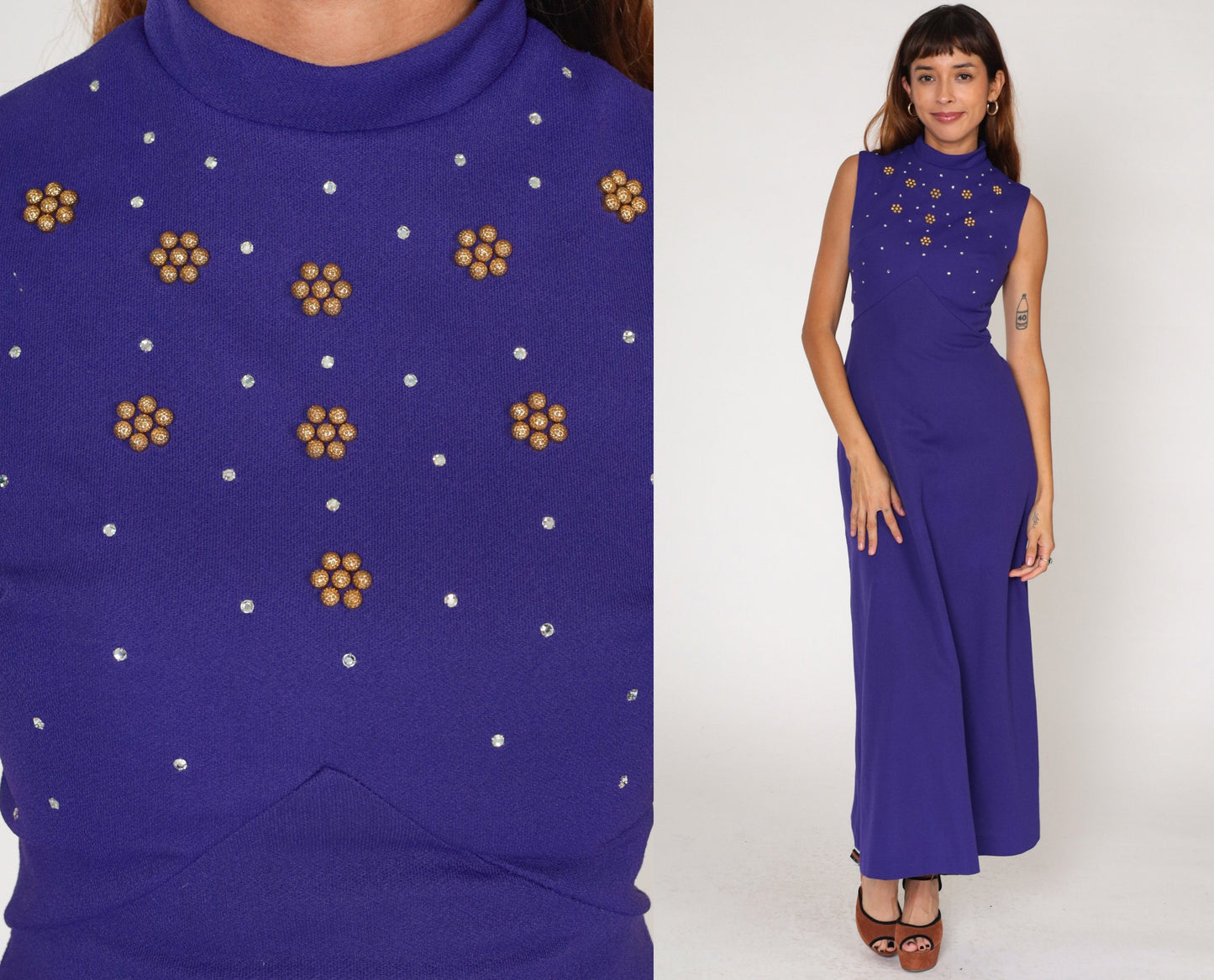 70s Purple Rhinestone Maxi Dress Empire Waist Mock Neck Sleeveless Small