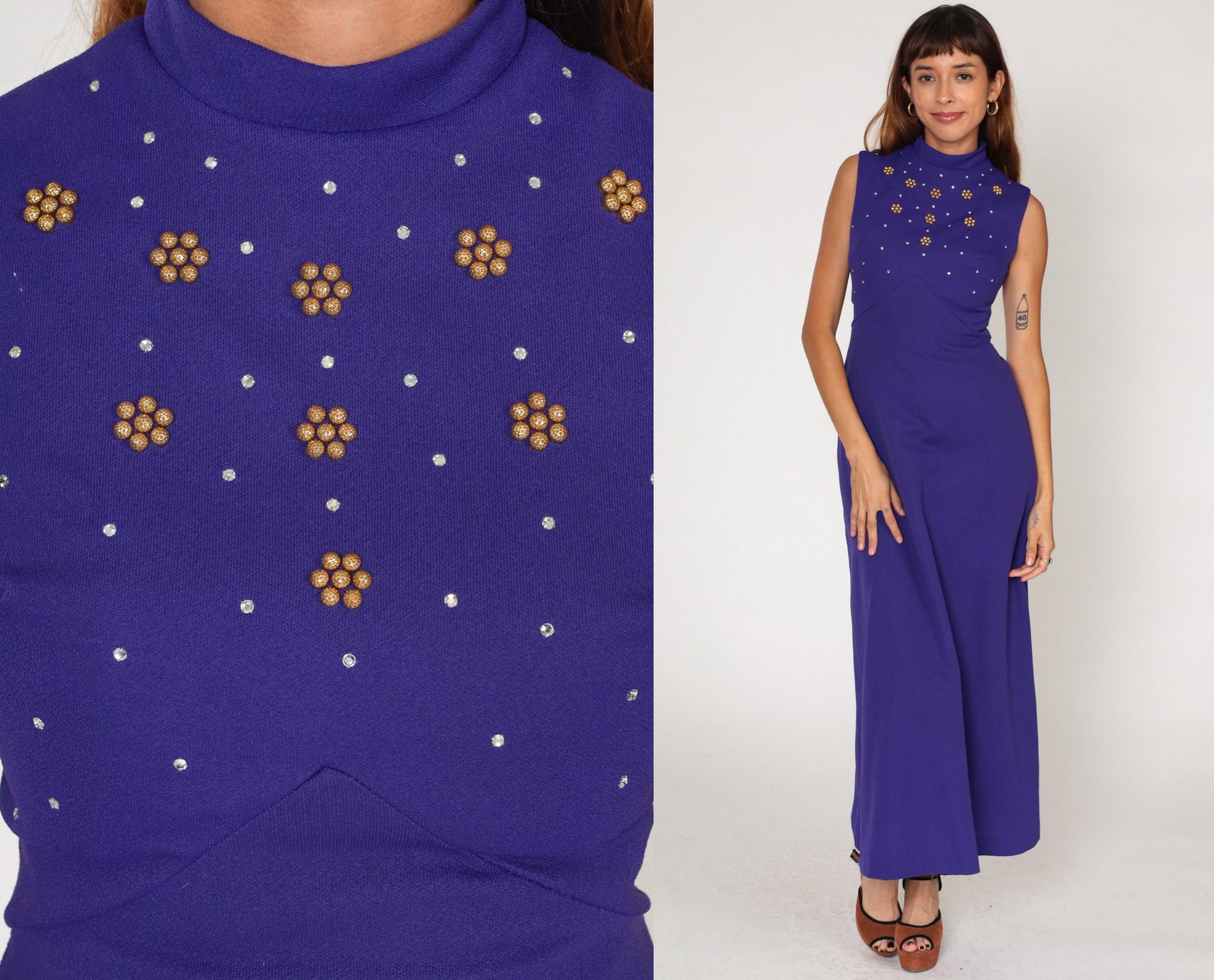 70s Purple Rhinestone Maxi Dress Empire Waist Mock Neck Sleeveless Small