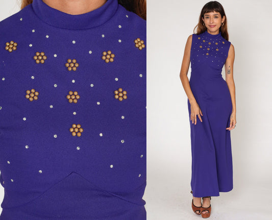 70s Purple Rhinestone Maxi Dress Empire Waist Mock Neck Sleeveless Small