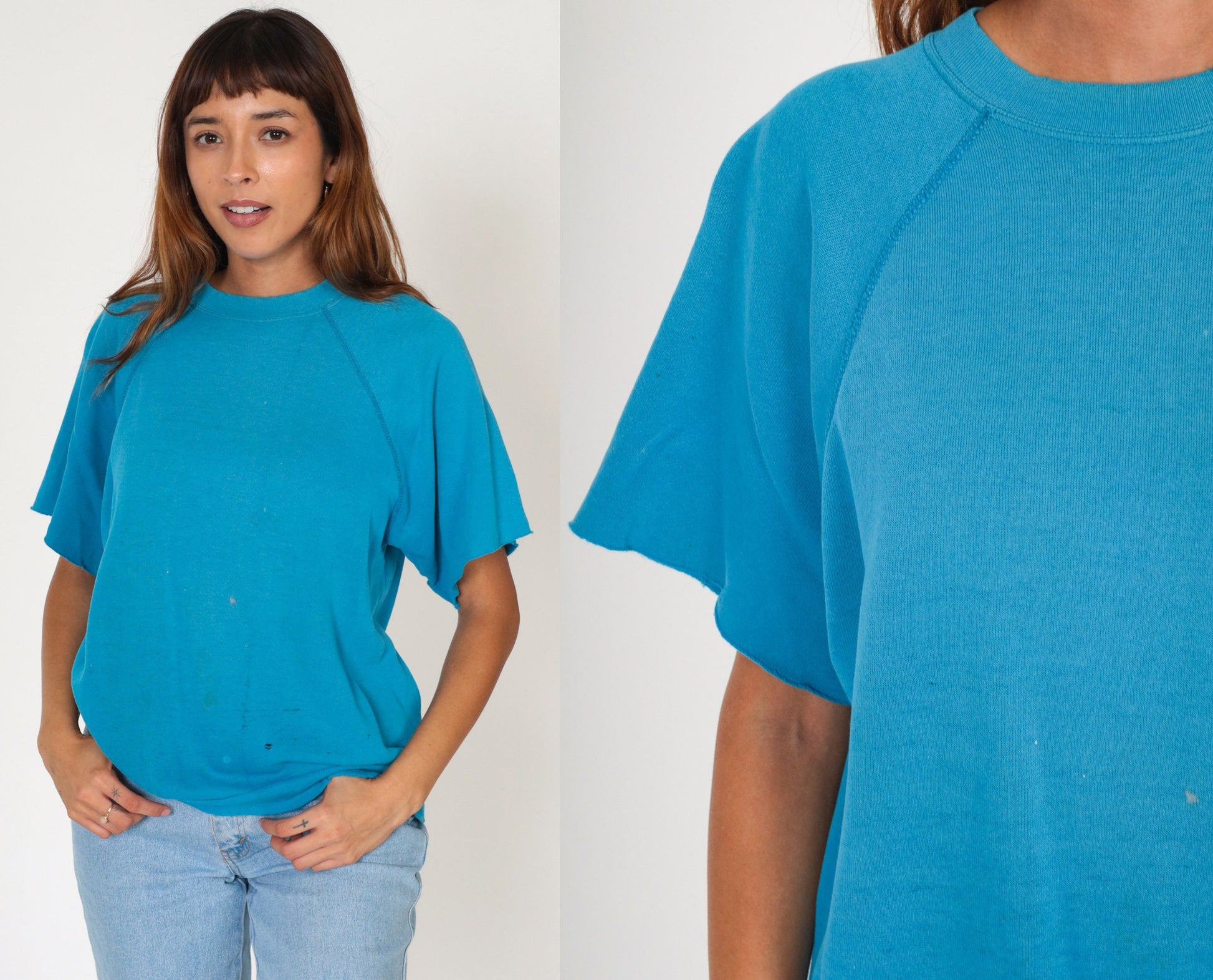 80s Blue Short Sleeve Sweatshirt Raglan Distressed Pullover Large