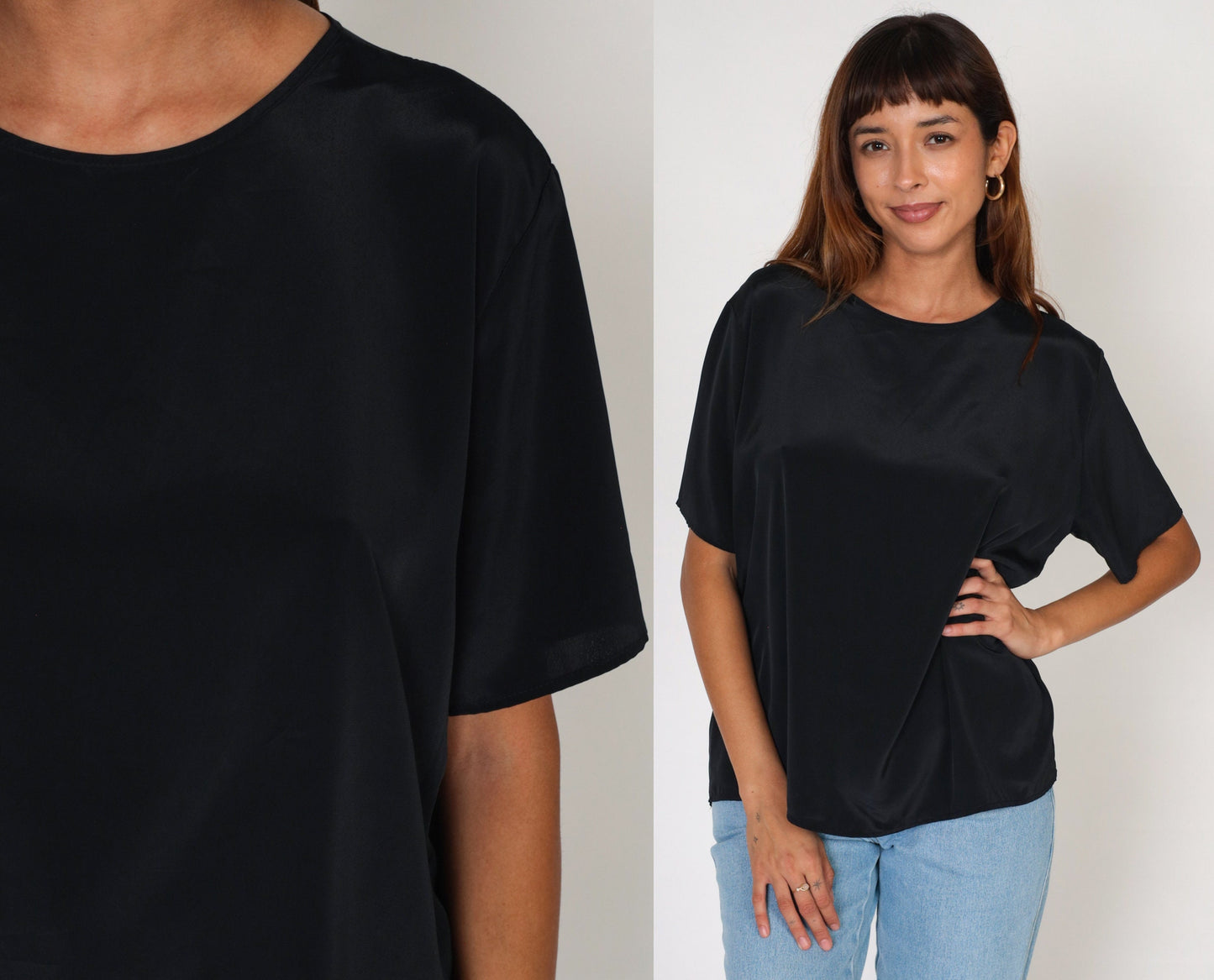 90s Bobbie and Brooks Black Blouse Keyhole Back Short Sleeve Large