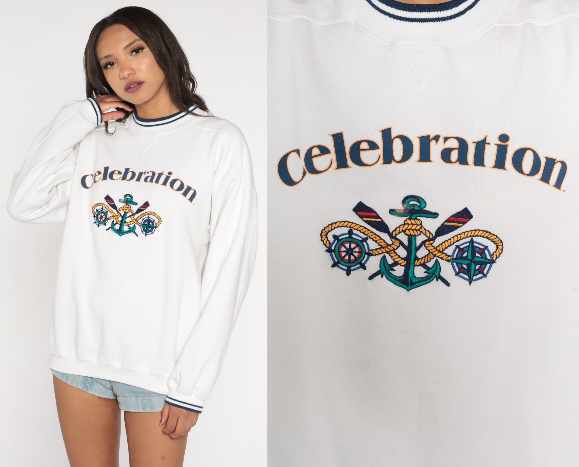 90s Anchor Celebration Ringer Sweatshirt White Navy Trim Nautical Graphic Large L