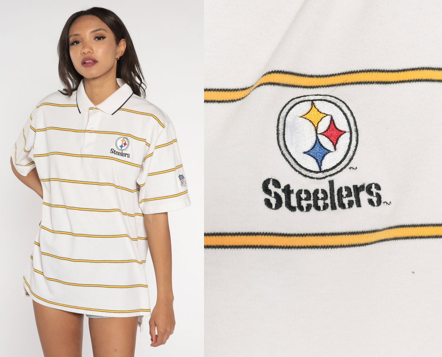 90s Pittsburgh Steelers Polo Shirt White Yellow Striped NFL Logo Extra Large XL