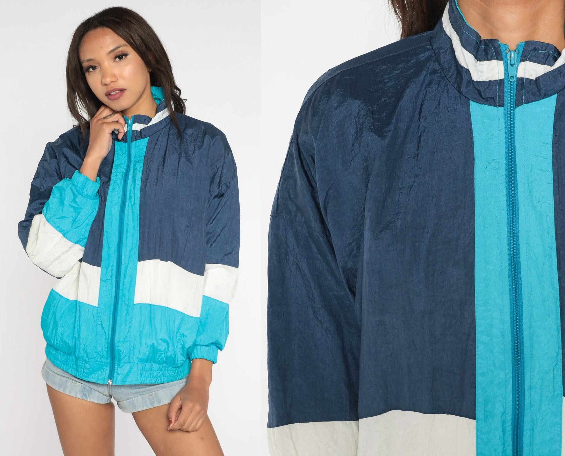 90s Striped Windbreaker Jacket Aqua Navy Blue White Colour Block Medium