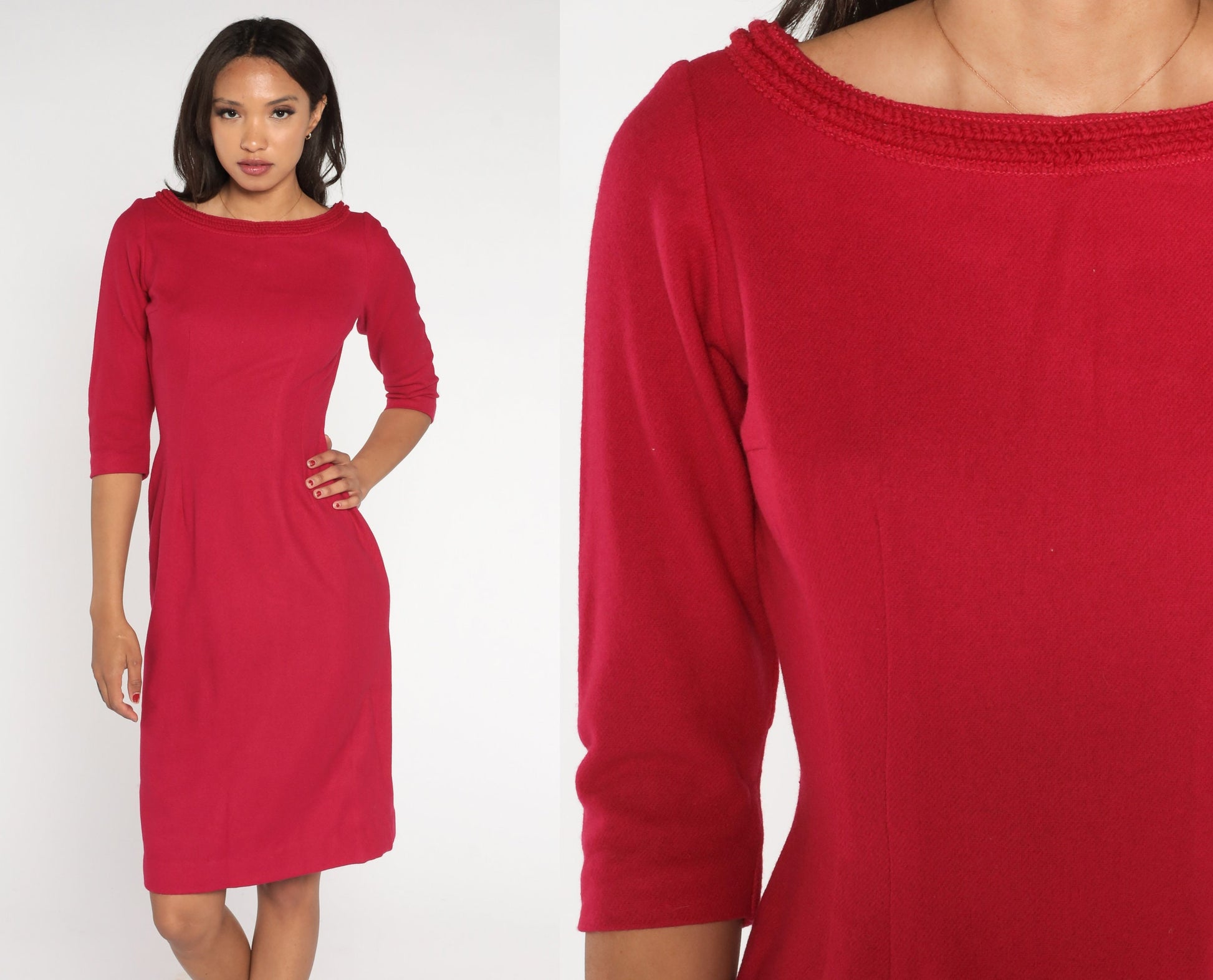 1960s Berry Wool Pencil Dress High Waist 3/4 Sleeve Knee Length Small