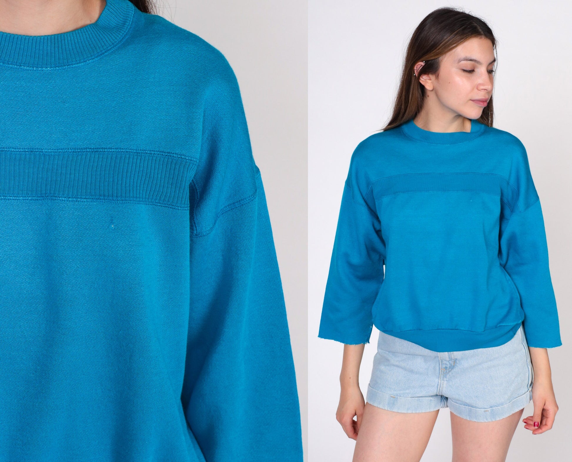 80s Turquoise Sweatshirt Cutoff 3/4 Sleeve Crewneck Stripe Medium
