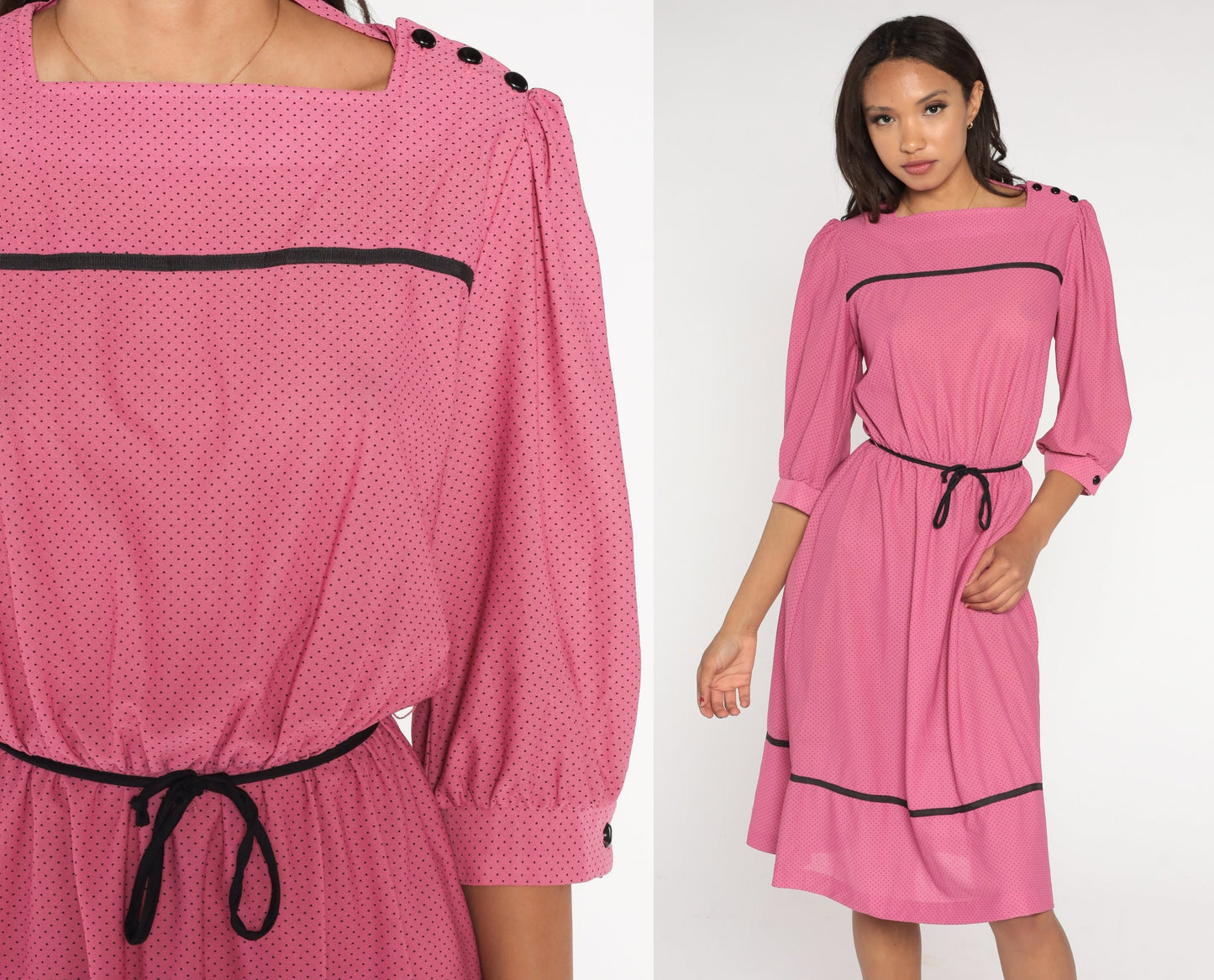 70s Pink Polka Dot Midi Dress Puff Sleeve High Waist Belted Small