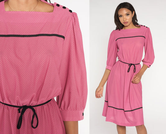 70s Pink Polka Dot Midi Dress Puff Sleeve High Waist Belted Small