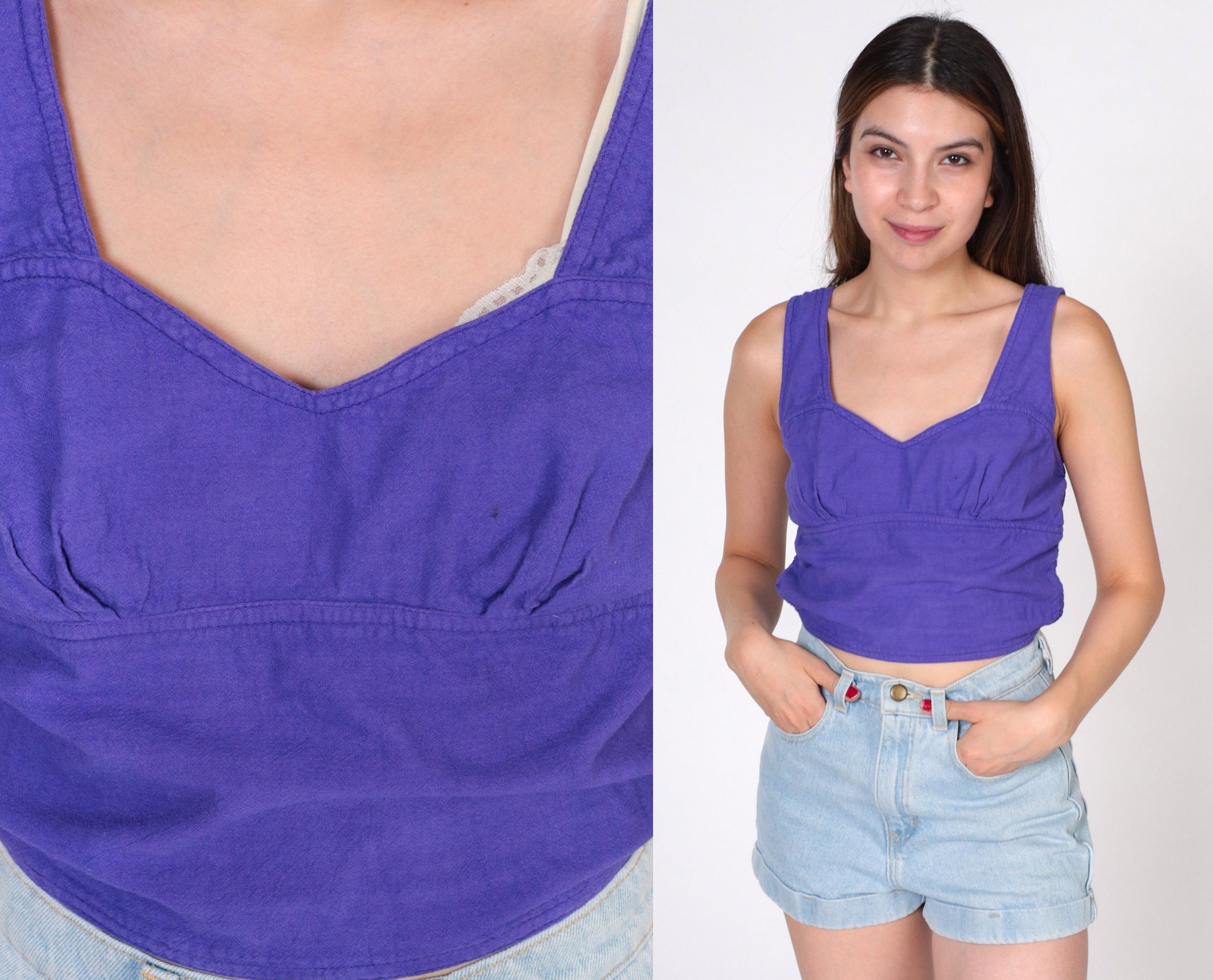 90s Purple Smocked Crop Top Sweetheart Neckline Cotton Tank Small
