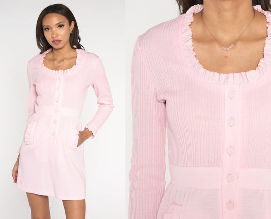 1970s Light Pink Mini Dress Long Sleeve Ruffled Button-Up Small S