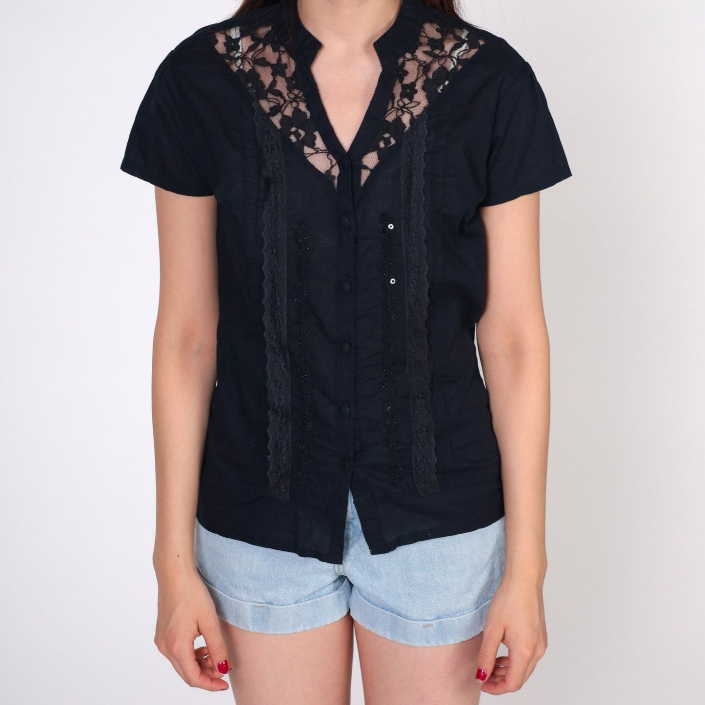 00s Black Lace Beaded Sequin Button-Up Blouse V-Neck Short Sleeve Small