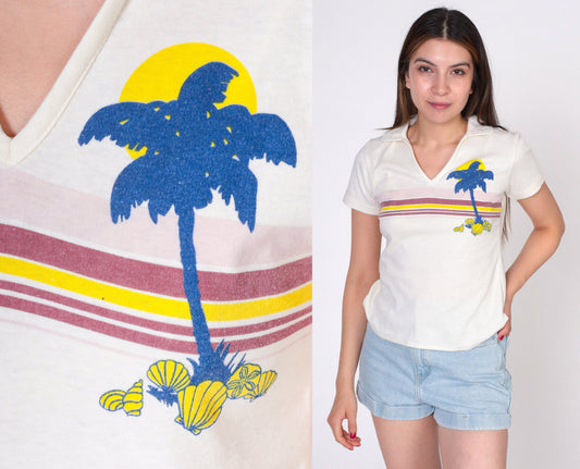 80s Ocean Pacific Tropical Palm Tree Graphic T-Shirt Off-White V-Neck Extra Small