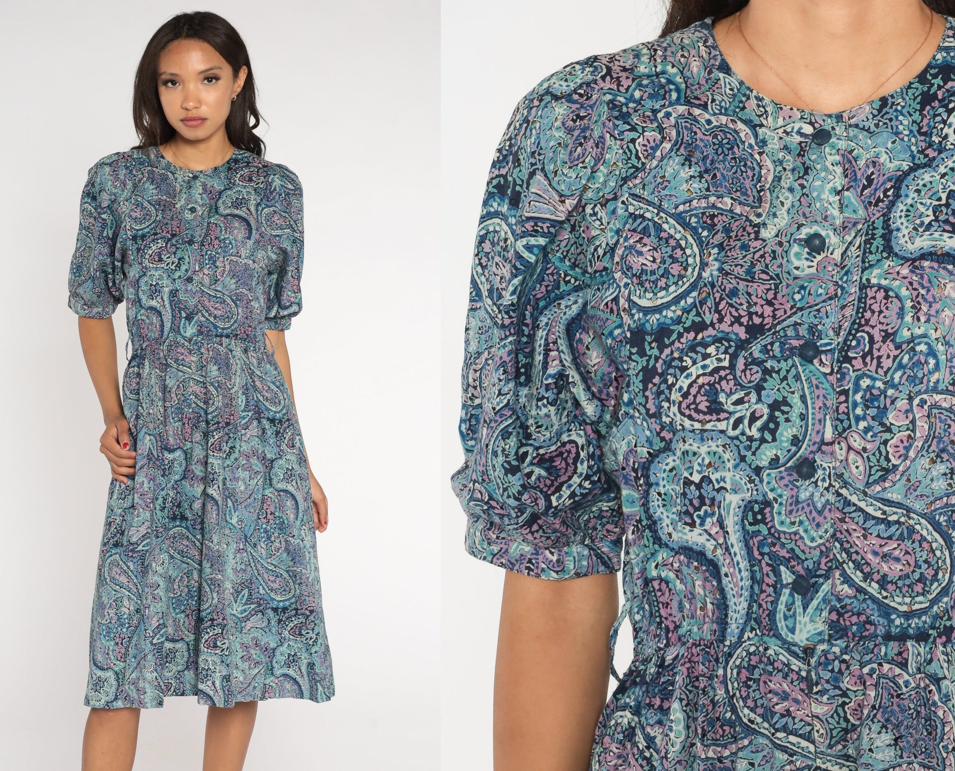 80s Blue Paisley Midi Shirtwaist Dress High Waisted Pleated Short Sleeve Medium