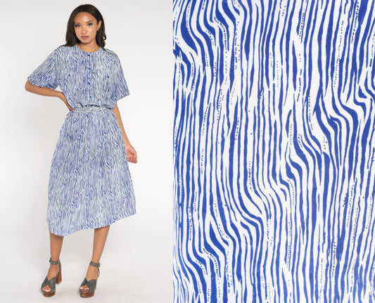 80s Blue White Striped Midi Shirtwaist Dress High Waisted Belted Large L