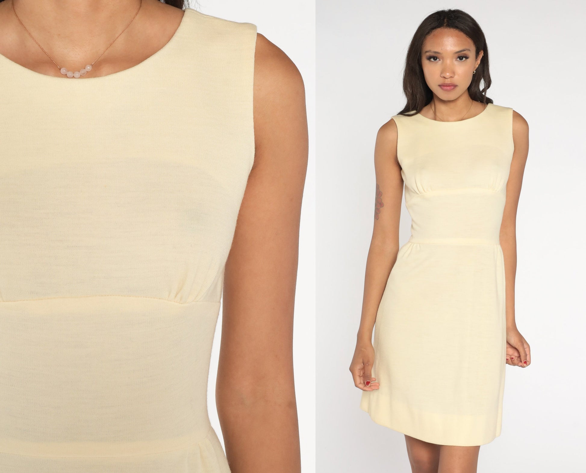 60s Cream Mini Dress Sleeveless Empire Waist Mod Shift Extra Small