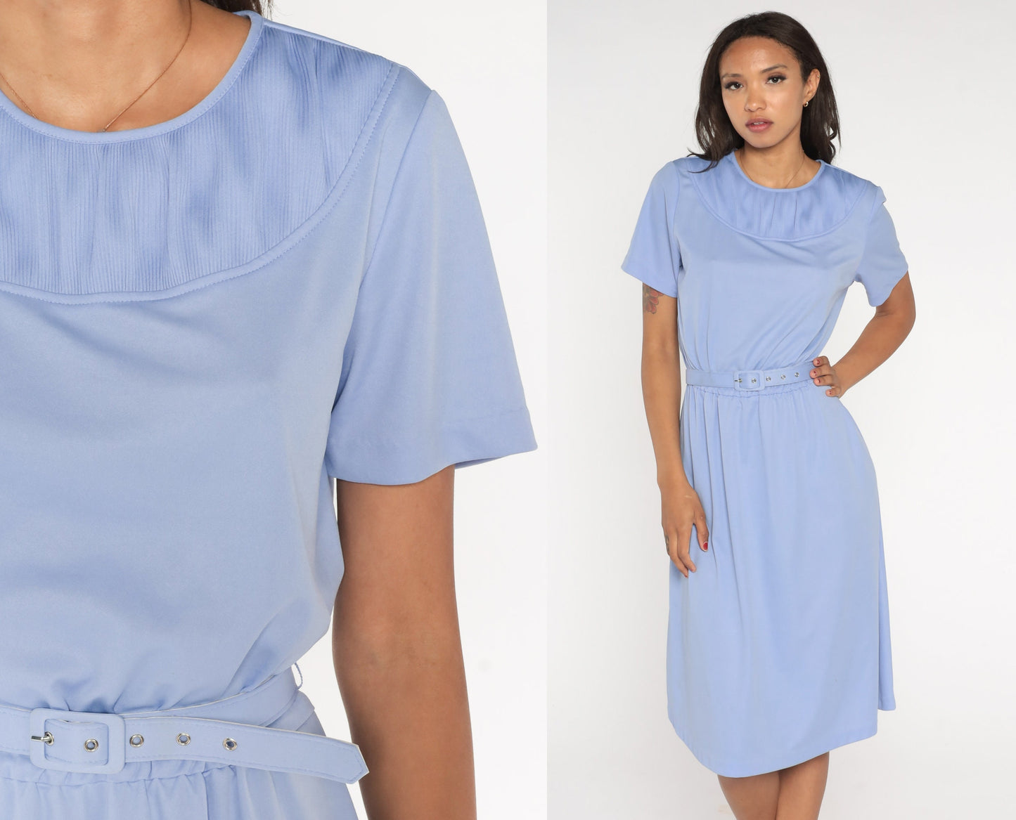 80s Periwinkle Midi Dress High Waisted Belted Short Sleeve Blue Large L