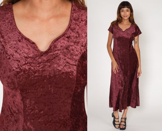 90s Maroon Velvet Maxi Dress Short Sleeve Strappy Back Small S