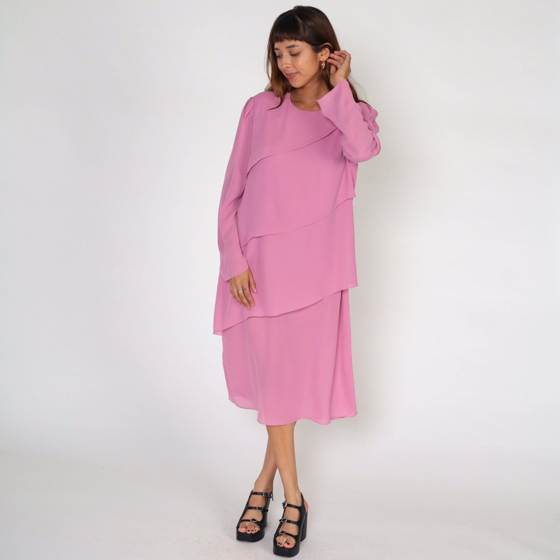 70s Pink Midi Dress Puff Sleeve Bias Cut Layered Draped Medium Large