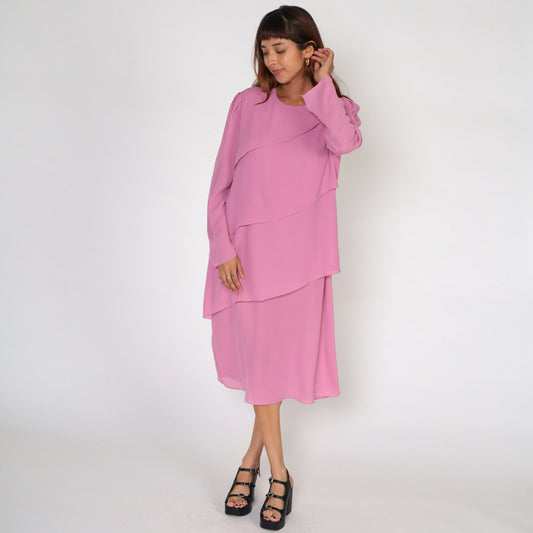 70s Pink Midi Dress Puff Sleeve Bias Cut Layered Draped Medium Large