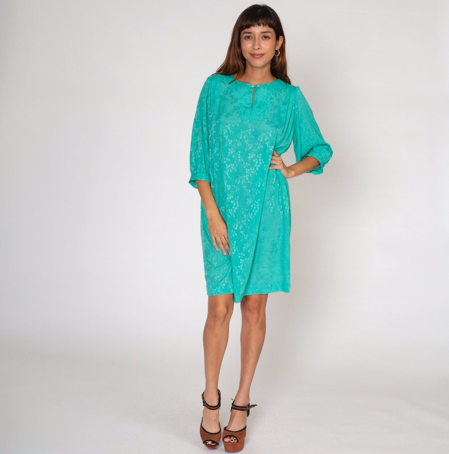 80s Green Embossed Leaf Mini Dress Puff Sleeve Pleated Shift Extra Large XXL