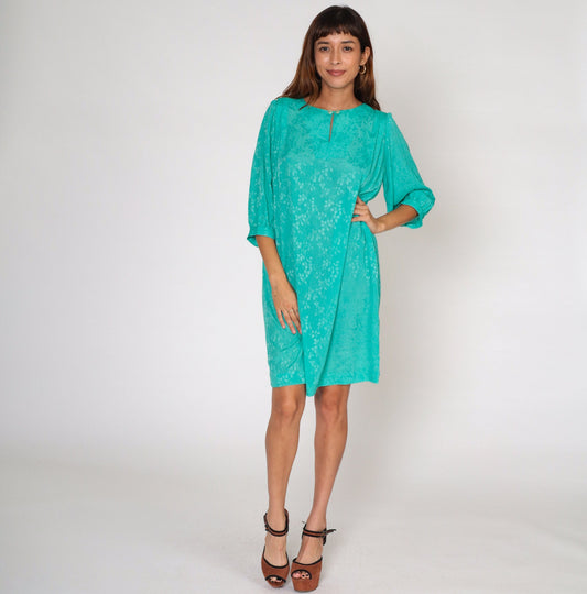80s Green Embossed Leaf Mini Dress Puff Sleeve Pleated Shift Extra Large XXL