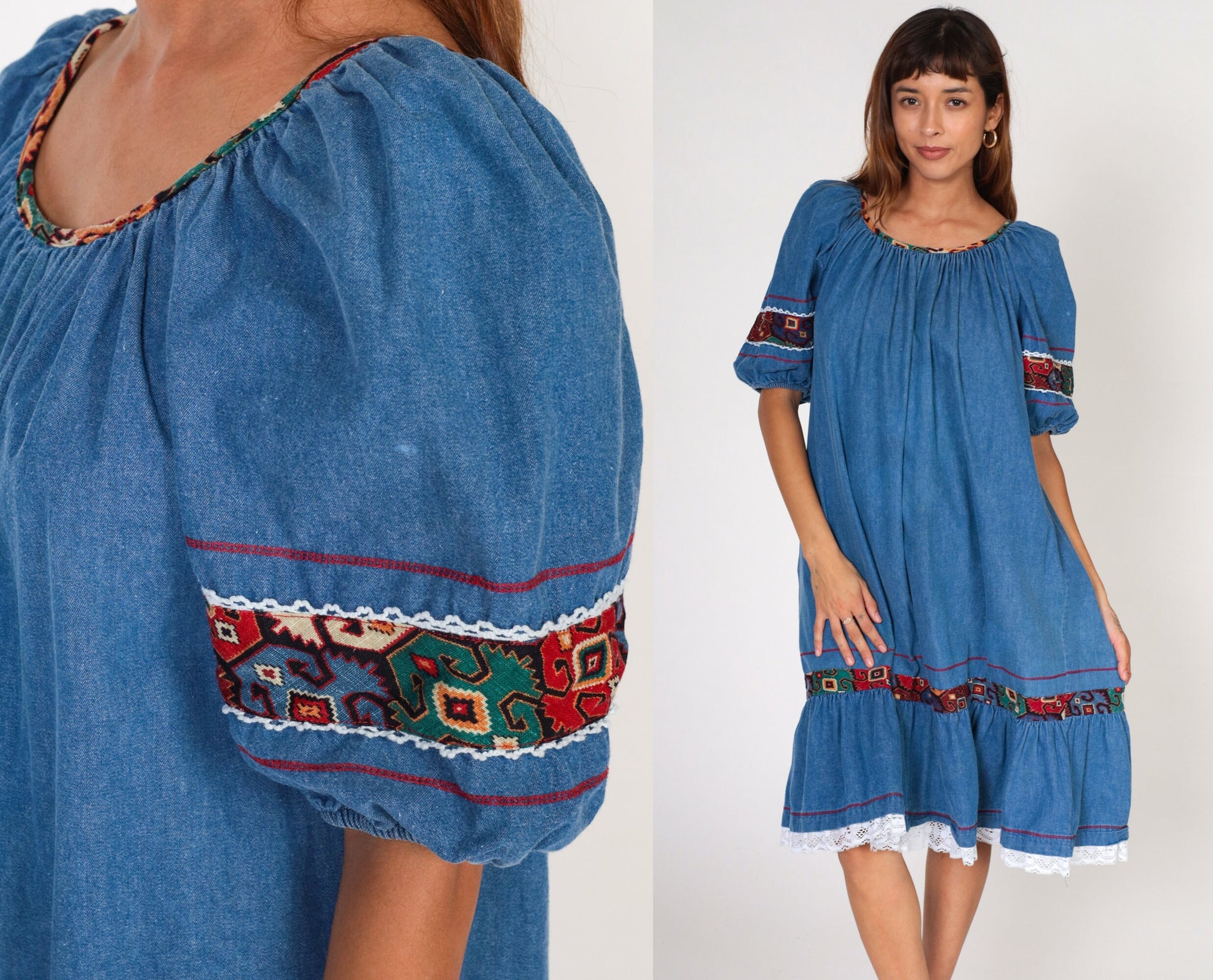 80s Appel Denim Midi Dress Puff Sleeve Southwestern Lace Trim Blue Medium