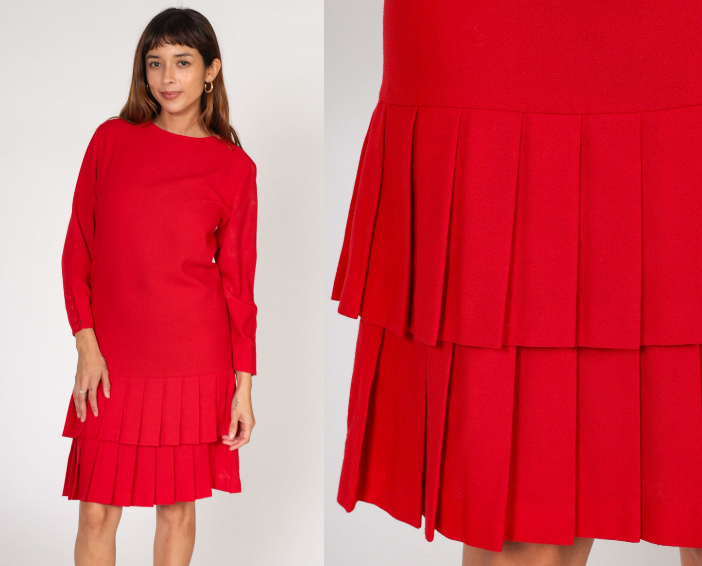 90s Red Mini Dress Drop Waist Pleated Tiered Long Sleeve Shift Small S