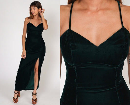 90s Dark Green Velvet Maxi Dress Sweetheart Neckline High Slit Sleeveless Small
