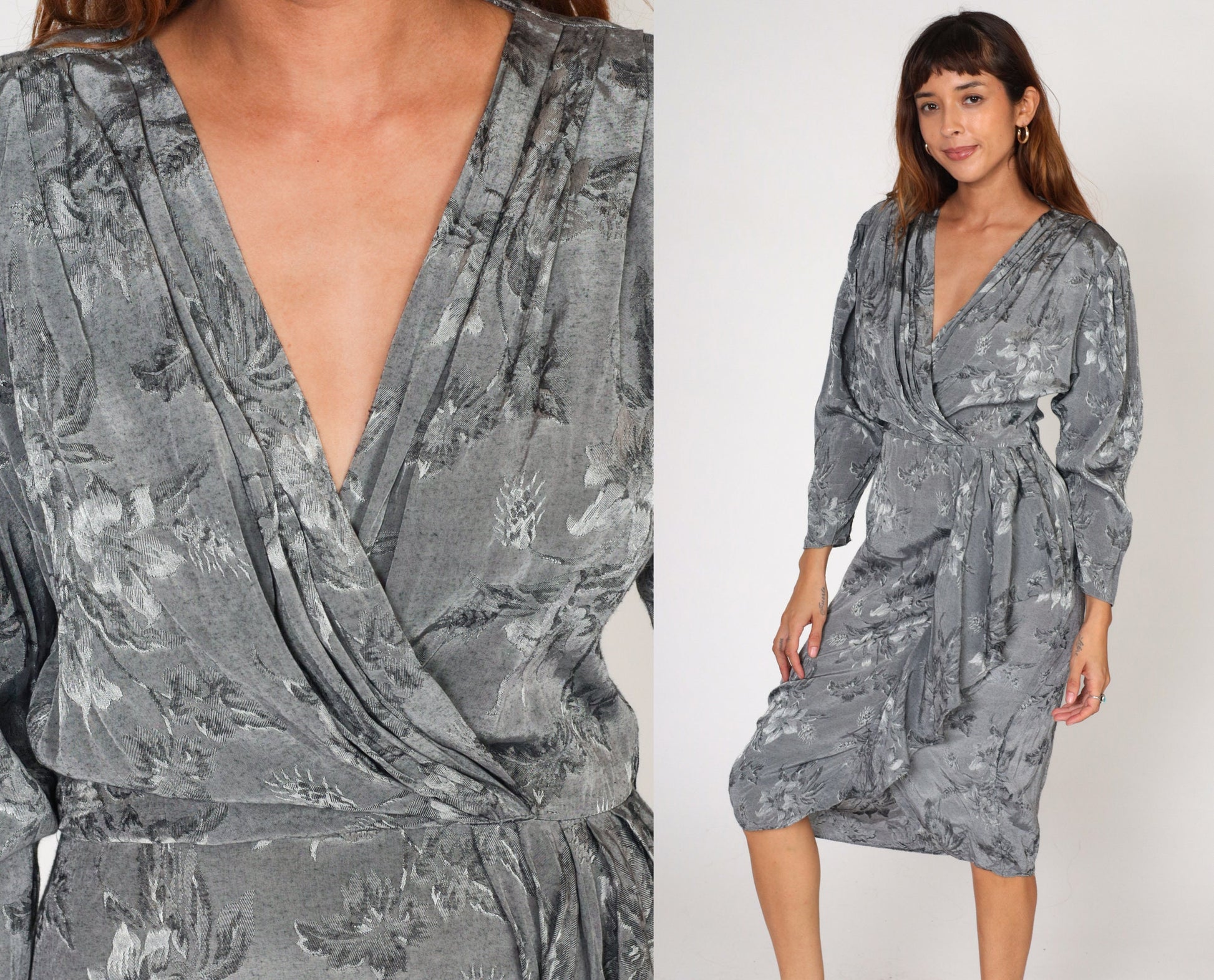 90s April Rain Floral Wrap Dress Grey Embossed Midi Deep V Neck Medium