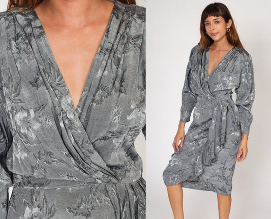 90s April Rain Floral Wrap Dress Grey Embossed Midi Deep V Neck Medium