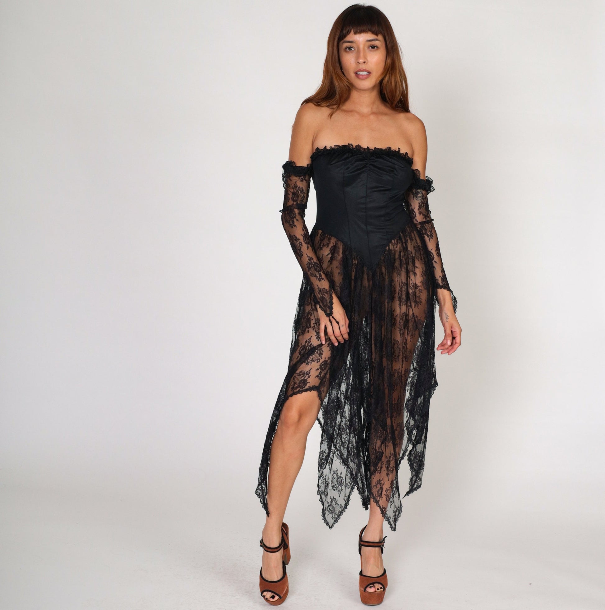 80s Black Lace Midi Dress Off-Shoulder Basque Waist Hanky Hem Small
