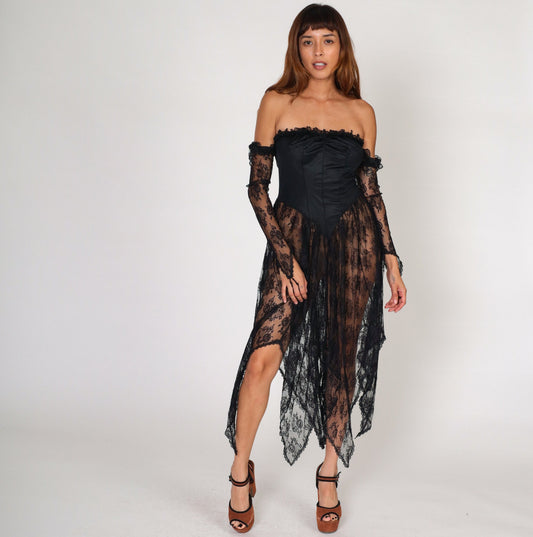 80s Black Lace Midi Dress Off-Shoulder Basque Waist Hanky Hem Small