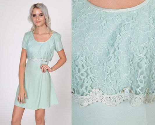 90s Seafoam Lace Mini Dress Rosette Short Sleeve Shift Scoop Neck Small