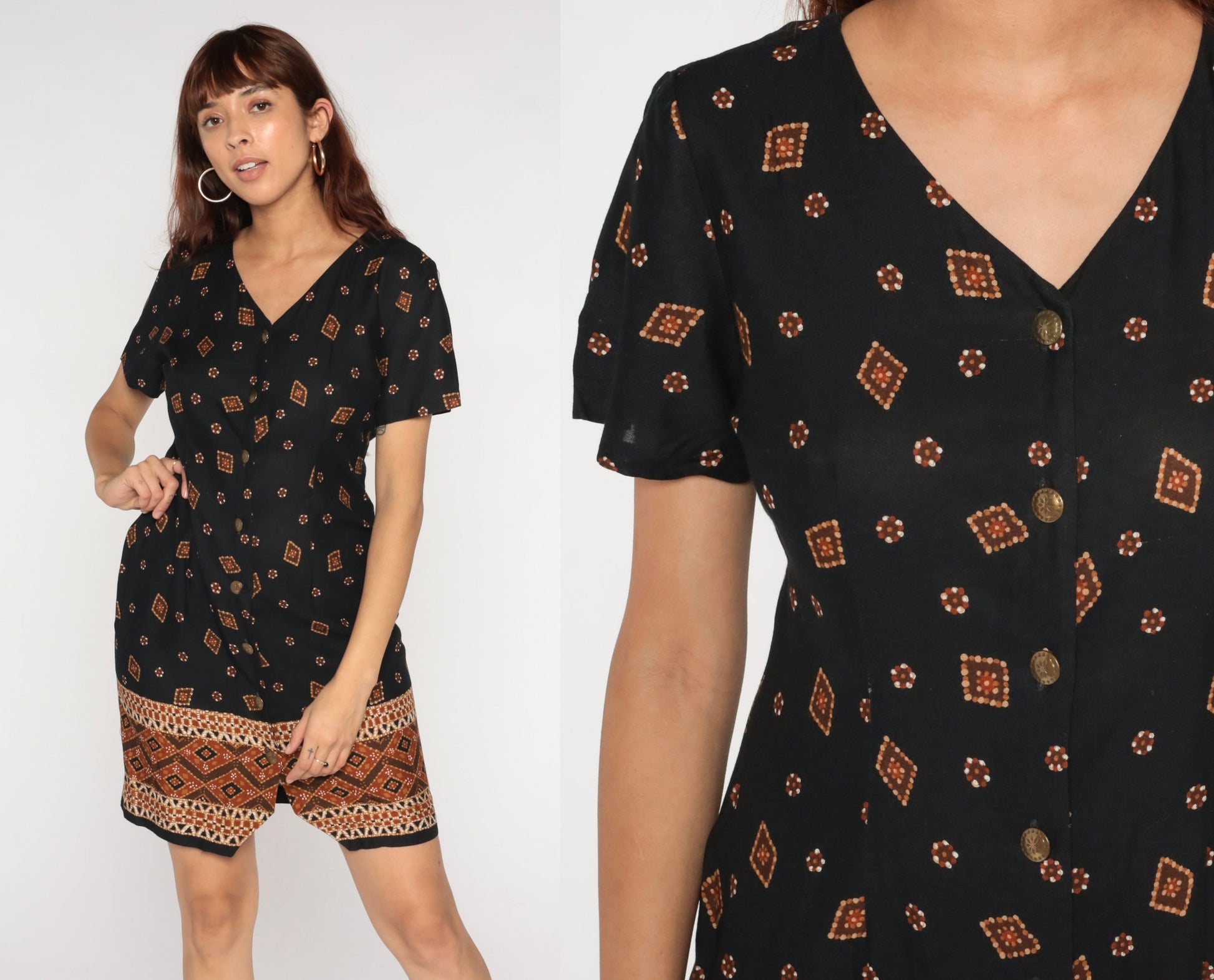 90s Black Geometric Print Button-Up Mini Dress Short Sleeve V-Neck Medium