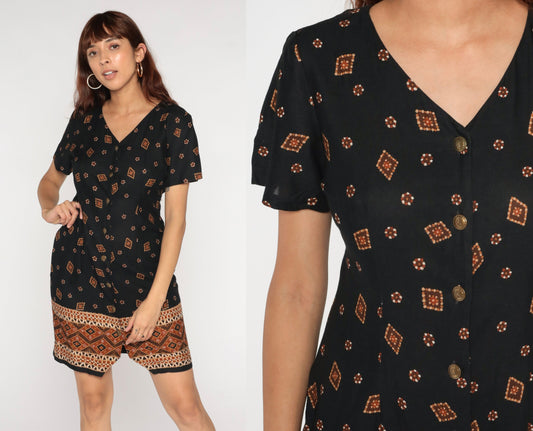 90s Black Geometric Print Button-Up Mini Dress Short Sleeve V-Neck Medium