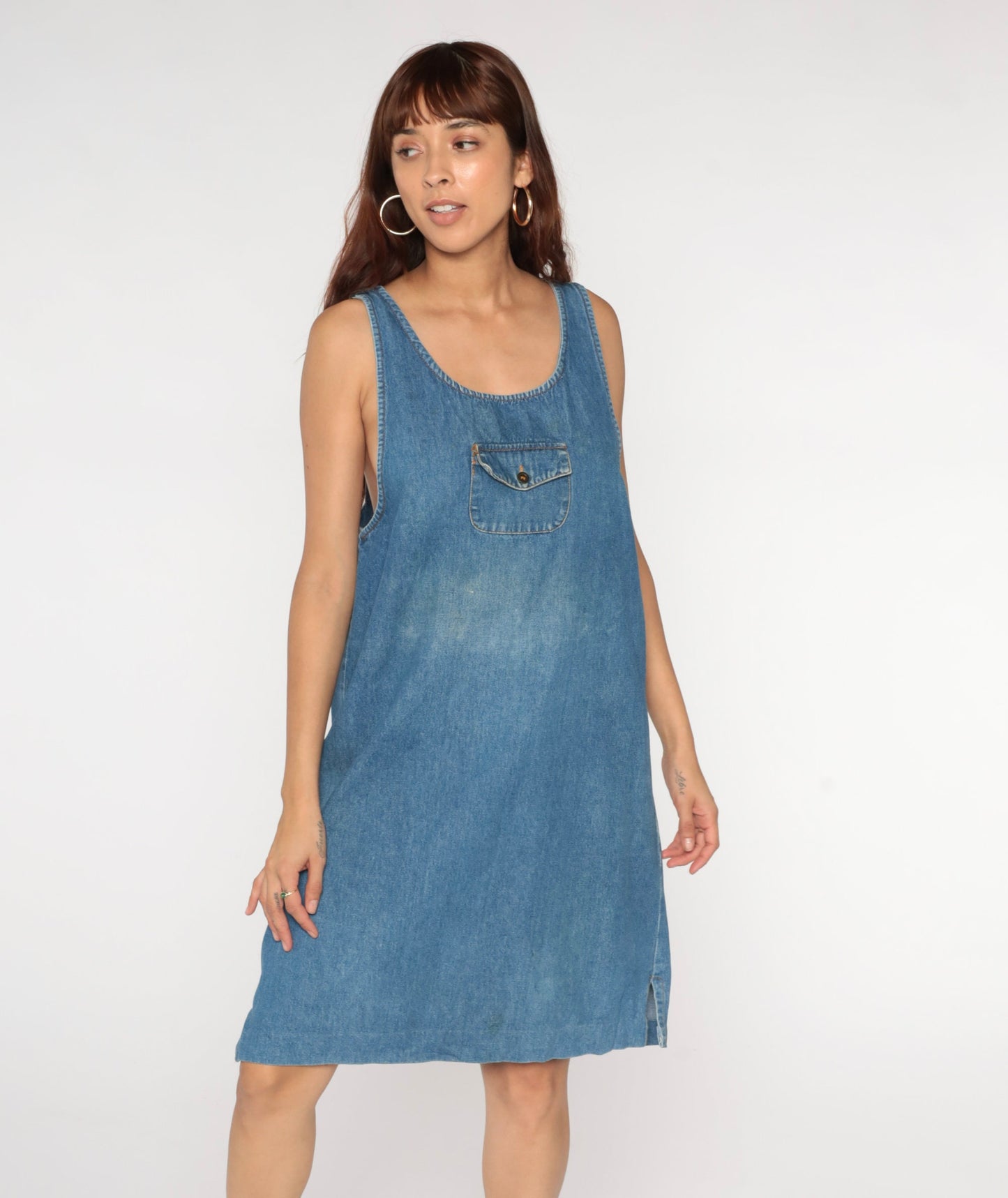 90s Blue Denim Jumper Dress Mini Length Chest Pocket Sleeveless Large