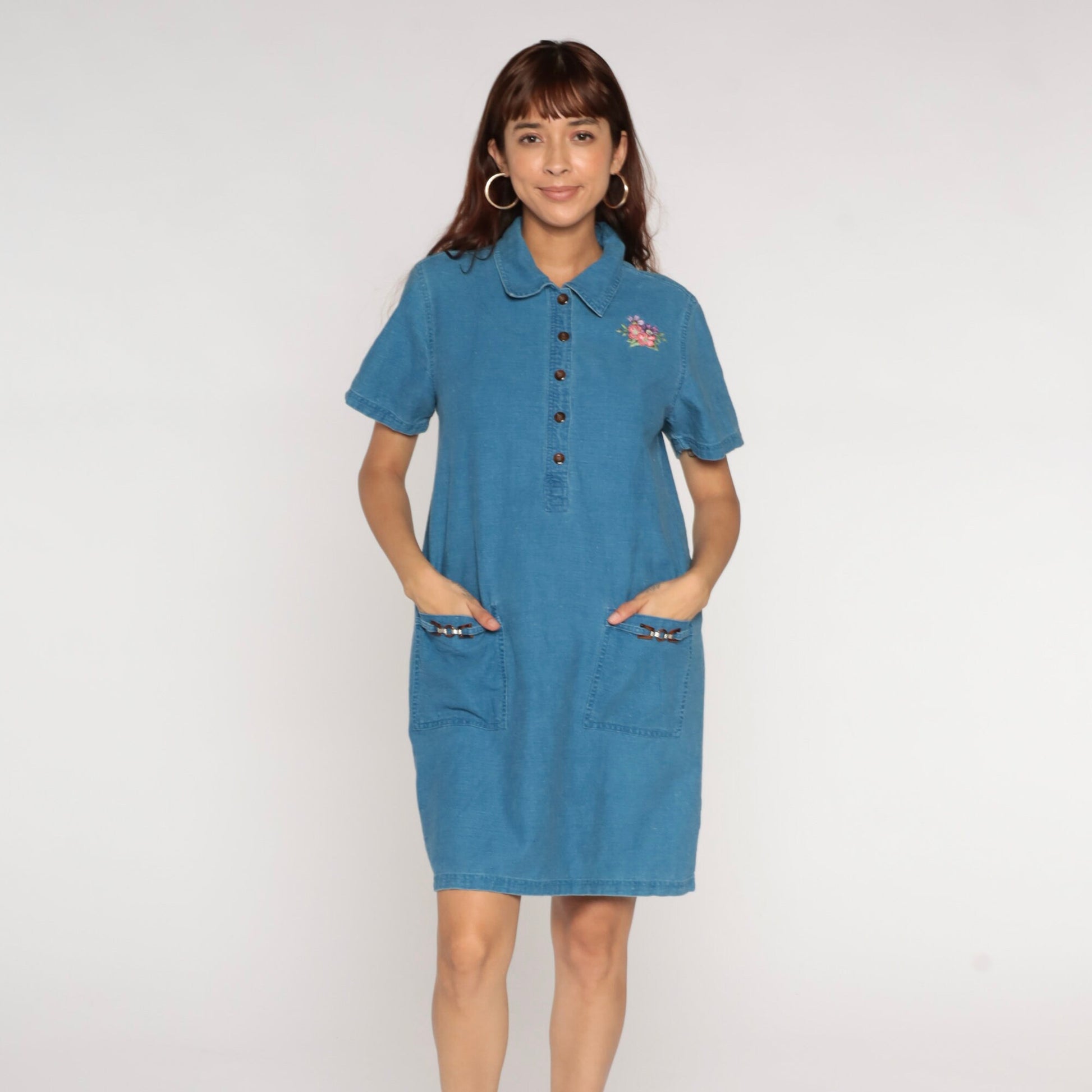 90s Blue Chambray Mini Dress Floral Embroidered Button Up Short Sleeve Medium