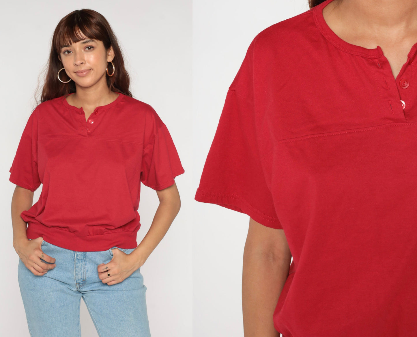 90s Red Henley Shirt Short Sleeve Banded Hem Extra Large XL