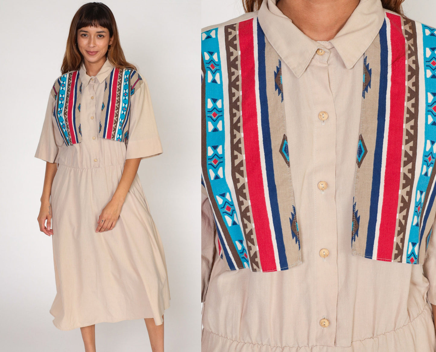 90s Southwestern Tan Midi Dress Button-Up High Waisted Pockets Large L
